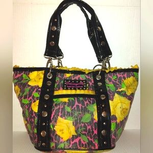 Vintage BETSEY JOHNSON☆Betseyville Yellow Rose Purple Ocelot Studded Bucket Tote